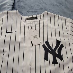 Nike White and Navy Pinstripe New York Baseball Jersey